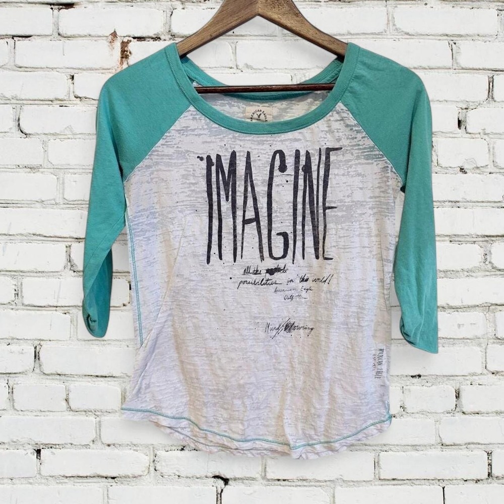 American Eagle Raglan Graphic Tee Women Small Teal White Imagine Burnout T-Shirt